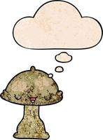 cartoon toadstool and thought bubble in grunge texture pattern style vector