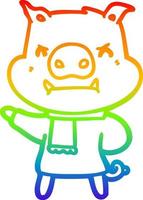 rainbow gradient line drawing angry cartoon pig in winter clothes vector