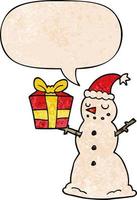 cartoon snowman and present and speech bubble in retro texture style vector