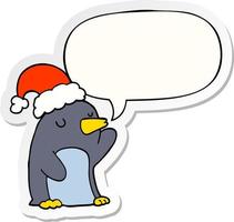 linda caricatura de pingüino de navidad y pegatina de burbuja de habla vector