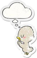 cartoon duckling and thought bubble as a distressed worn sticker vector