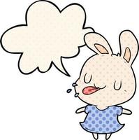 lindo conejo de dibujos animados soplando frambuesa y burbuja de habla al estilo de un libro de historietas vector