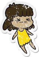 distressed sticker of a cartoon angry girl vector