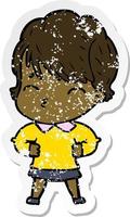 distressed sticker of a cartoon woman thinking vector