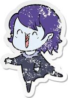 distressed sticker of a cute cartoon happy vampire girl vector