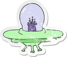 retro distressed sticker of a cartoon flying saucer vector