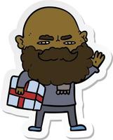 sticker of a cartoon man with beard frowning with xmas gift vector