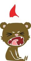 angry flat color illustration of a bear wearing santa hat vector