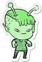distressed sticker of a cute cartoon alien girl vector