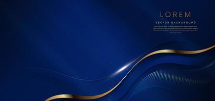 Abstract 3d gold curved dark blue ribbon on dark blue background with lighting effect and sparkle with copy space for text. Luxury design style.