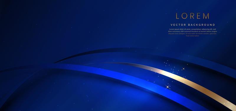 Abstract 3d gold curved dark blue ribbon on dark blue background with lighting effect and sparkle with copy space for text. Luxury design style.