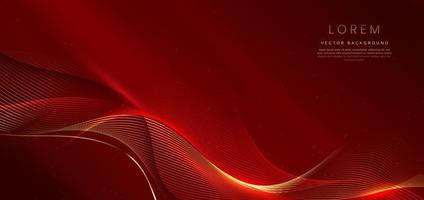 línea de onda 3d abstracta de oro y rojo sobre fondo rojo con efecto de iluminación y brillo con espacio de copia para texto. vector