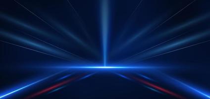 Abstract technology futuristic glowing blue and red  light lines with speed motion blur effect on dark blue background. vector