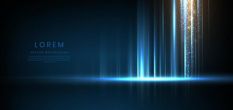 Abstract technology futuristic light blue stripe vertical lines light on blue background with gold lighting effect sparkle.