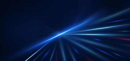 Abstract technology futuristic glowing blue and red  light lines with speed motion blur effect on dark blue background. vector