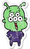 distressed sticker of a happy cartoon alien vector