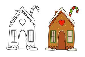 casa de pan de jengibre de navidad con ventanas y un palo de caramelo dulce. ilustración de contorno en blanco y negro y en color sobre un fondo blanco vector