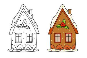 casa de pan de jengibre de navidad con frutos rojos. ilustración de contorno en blanco y negro y en color sobre un fondo blanco vector