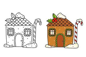 casa de pan de jengibre de navidad. ilustración de contorno en color y en blanco y negro sobre un fondo blanco vector