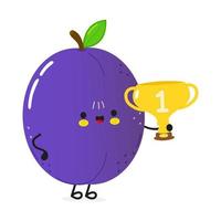 Cute funny plum hold gold trophy cup. Vector hand drawn cartoon kawaii character illustration icon. Isolated on white background. Plum with winner trophy cup