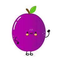 Cute funny plum waving hand character. Vector hand drawn cartoon kawaii character illustration icon. Isolated on white background. Plum character concept