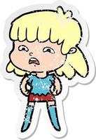 distressed sticker of a cartoon worried woman vector