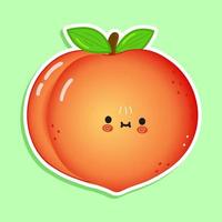 Cute funny peach sticker character. Vector hand drawn cartoon kawaii character illustration icon. Isolated on white background. Peach character concept