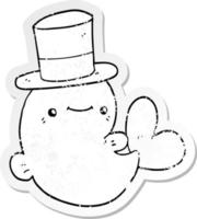 distressed sticker of a cute cartoon whale wearing top hat vector