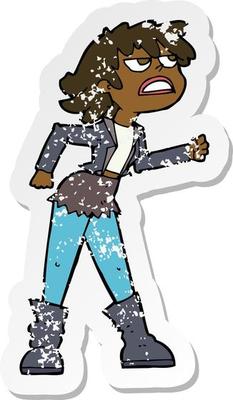 retro distressed sticker of a cartoon angry biker girl