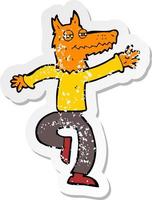 retro distressed sticker of a cartoon happy fox man vector