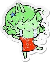 distressed sticker of a cartoon crying alien girl vector