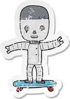 retro distressed sticker of a cartoon robot on skateboard vector