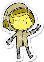 pegatina angustiada de un astronauta seguro de dibujos animados vector