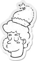 distressed sticker of a cartoon man wearing christmas hat vector