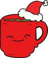 line drawing of a coffee mug wearing santa hat vector