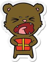 sticker of a angry cartoon bear with present vector