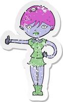 retro distressed sticker of a cartoon vampire girl giving thumbs up symbol vector