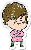 distressed sticker of a cartoon frustrated woman vector