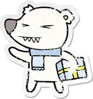 distressed sticker of a cartoon angry polar bear with xmas present vector