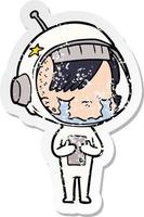 distressed sticker of a cartoon crying astronaut girl vector