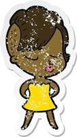 distressed sticker of a cartoon pretty hipster girl vector