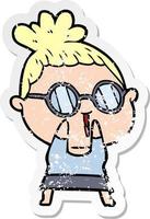 distressed sticker of a cartoon shy woman wearing spectacles vector