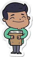 sticker of a happy cartoon man holding book vector