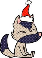 comic book style illustration of a wolf whistling wearing santa hat vector