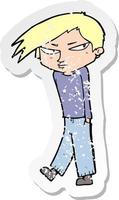 retro distressed sticker of a cartoon grumpy boy vector