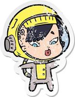 distressed sticker of a cartoon astronaut woman vector