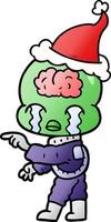 gradient cartoon of a big brain alien crying and pointing wearing santa hat vector