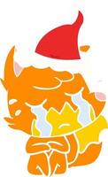 crying fox flat color illustration of a wearing santa hat vector