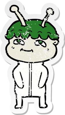 distressed sticker of a friendly cartoon spaceman