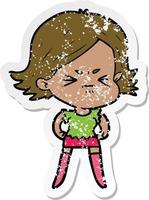 distressed sticker of a cartoon angry woman vector